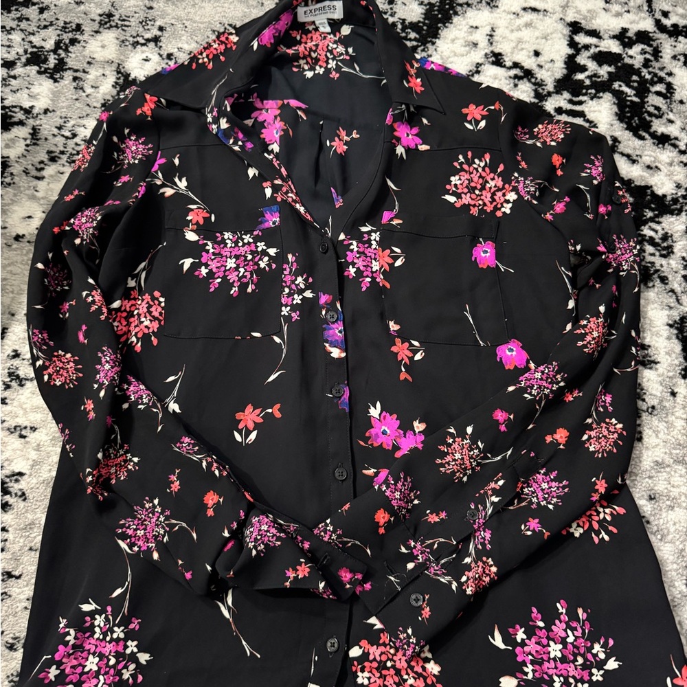 Express Black Floral Button Down Shirt